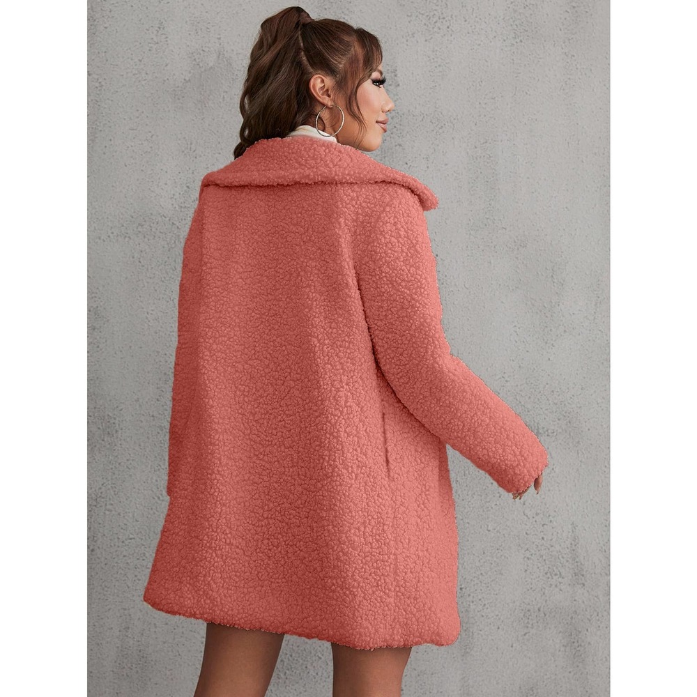 Button Front Teddy Coat Long Trench Coat Jacket hot pink faux fur - Picture 7 of 9